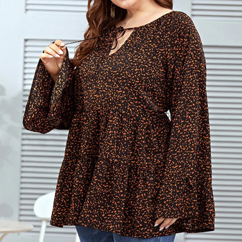 Κομψό Leopard Printing Φαρδύ μπλουζάκι με λαιμόκοψη με μακρυά μανίκια φθινοπωρινά περιστασιακά πουλόβερ μίντι γυναικεία ρούχα σε μεγάλο μέγεθος