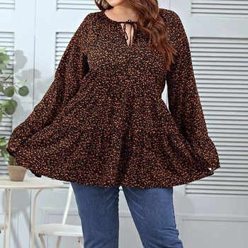 Елегантна свободна тениска с леопардов принт, превръзка с V-образно деколте и дълъг разкроен ръкав, есенен ежедневен пуловер, миди горнища, дамски дрехи с голям размер