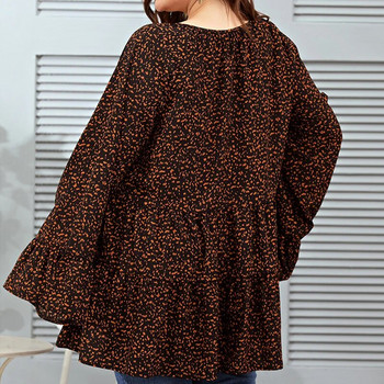 Елегантна свободна тениска с леопардов принт, превръзка с V-образно деколте и дълъг разкроен ръкав, есенен ежедневен пуловер, миди горнища, дамски дрехи с голям размер