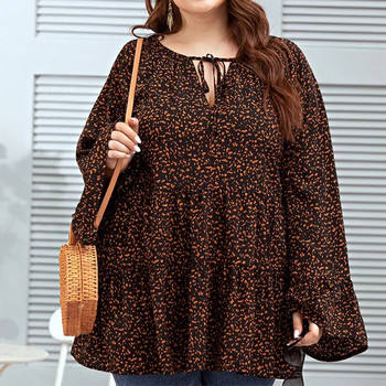 Κομψό Leopard Printing Φαρδύ μπλουζάκι με λαιμόκοψη με μακρυά μανίκια φθινοπωρινά περιστασιακά πουλόβερ μίντι γυναικεία ρούχα σε μεγάλο μέγεθος