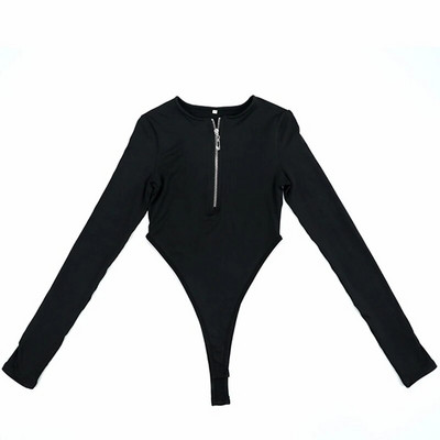 Noua salopetă de toamnă, unică, neagră, cu furcă înaltă, sexy, cu fermoar, cu mânecă lungă, pulover, cu gâtul O, Skinny, cool, haină de stradă