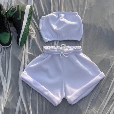 Îmbrăcăminte sport casual din bumbac Seturi două piese Top fără mâneci pentru femei + Pantaloni scurți elastici cu șnur Set asortat Ținute sportive