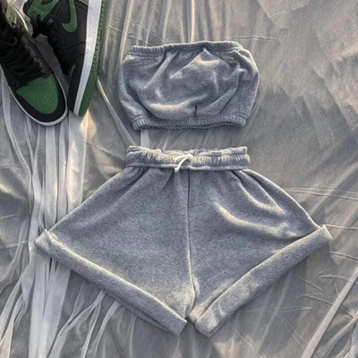 Îmbrăcăminte sport casual din bumbac Seturi două piese Top fără mâneci pentru femei + Pantaloni scurți elastici cu șnur Set asortat Ținute sportive