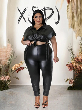 Σετ παντελόνι και μπλούζα για γυναίκες Y2k Πανκ ρούχα γενεθλίων Καλοκαιρινό κομψό Pu δερμάτινο σέξι σετ Plus Size Χονδρική Dropshipping