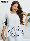 GIBSIE Plus Size Geo Print Drop váll, O-nyakú női póló 2023 nyári új koreai divat, laza, hétköznapi alap felsők, női