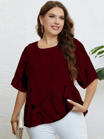 GIBSIE Plus Size Geo Print Drop váll, O-nyakú női póló 2023 nyári új koreai divat, laza, hétköznapi alap felsők, női