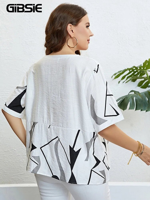 GIBSIE Plus Size Geo Print Drop váll, O-nyakú női póló 2023 nyári új koreai divat, laza, hétköznapi alap felsők, női