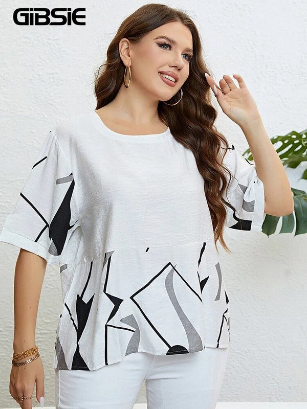 GIBSIE Plus Size Geo Print Drop váll, O-nyakú női póló 2023 nyári új koreai divat, laza, hétköznapi alap felsők, női