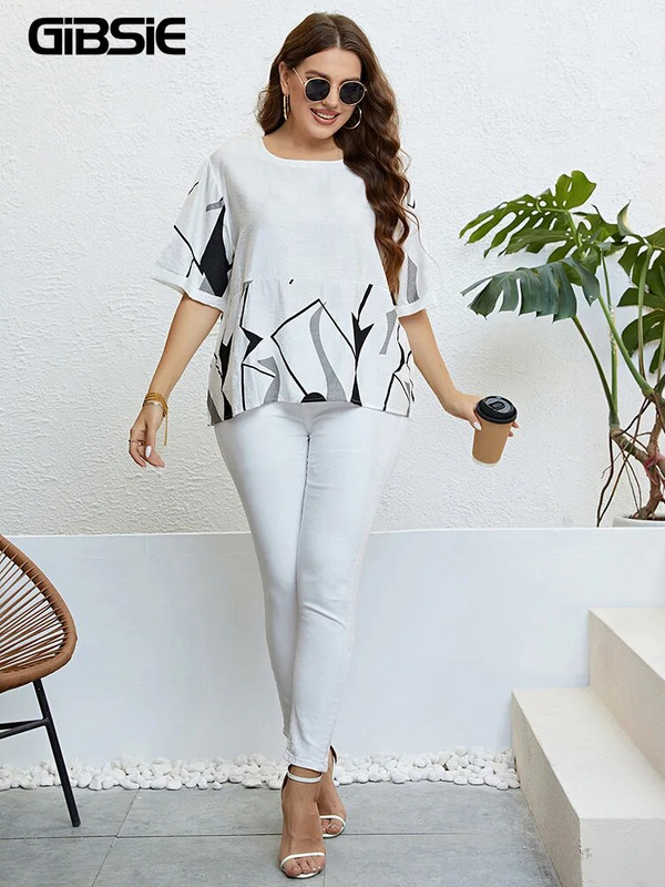 GIBSIE Plus Size Geo Print Drop váll, O-nyakú női póló 2023 nyári új koreai divat, laza, hétköznapi alap felsők, női