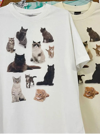 Котешко парти котешки принт с къси ръкави двойка стил ниша тенденция свободна ежедневна двойка чист памук многофункционална тениска голям размер свободна