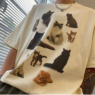 Cat party cat printing κοντομάνικο στιλ ζεύγους τάσεις εξειδικευμένες χαλαρές casual ζευγάρι καθαρό βαμβακερό, ευέλικτο μπλουζάκι σε μέγεθος χωρίς