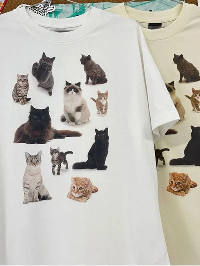 Mačja zabava s mačjim printom kratkih rukava za par niche trend labava ležerna majica za par od čistog pamuka, svestrana majica veće veličine bez