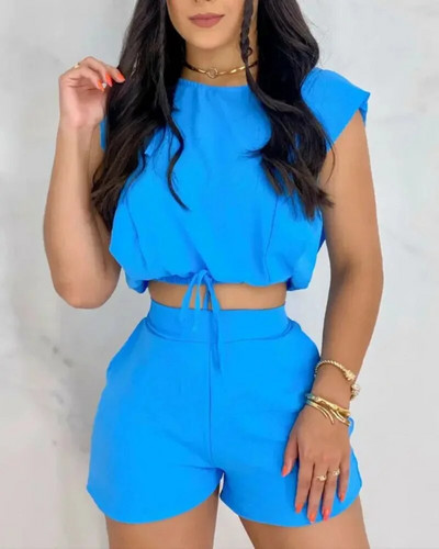 Set de 2 piese pentru femei, la modă în dungi, cu imprimare la tendință, sexi, de vară, fără mâneci, cu gât rotund, camuflat, cu fundă, pantaloni scurti.