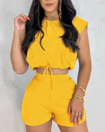 Set de 2 piese pentru femei, la modă în dungi, cu imprimare la tendință, sexi, de vară, fără mâneci, cu gât rotund, camuflat, cu fundă, pantaloni scurti.