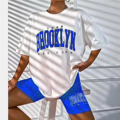 Trening pentru femei de vară 2023, costum sport, tricou, pantaloni scurți, set 2 piese, tricou cu imprimeu Brooklyn, pantaloni scurți pentru femei, ținute sport