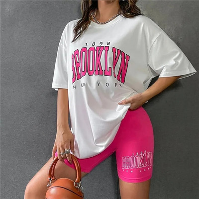 Trening pentru femei de vară 2023, costum sport, tricou, pantaloni scurți, set 2 piese, tricou cu imprimeu Brooklyn, pantaloni scurți pentru femei, ținute sport
