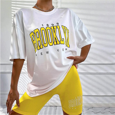 Trening pentru femei de vară 2023, costum sport, tricou, pantaloni scurți, set 2 piese, tricou cu imprimeu Brooklyn, pantaloni scurți pentru femei, ținute sport