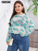 GIBSIE Plus Size Casual Print Sheer Mesh Top Γυναικεία Άνοιξη Καλοκαίρι με μακρυμάνικο λαιμόκοψη Vintage φαρδιά γυναικεία μπλουζάκια 2023 Νέα