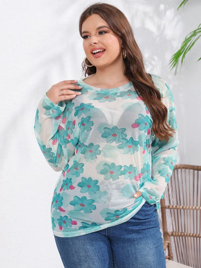 GIBSIE Plus Size Casual Print Sheer Mesh Top Γυναικεία Άνοιξη Καλοκαίρι με μακρυμάνικο λαιμόκοψη Vintage φαρδιά γυναικεία μπλουζάκια 2023 Νέα