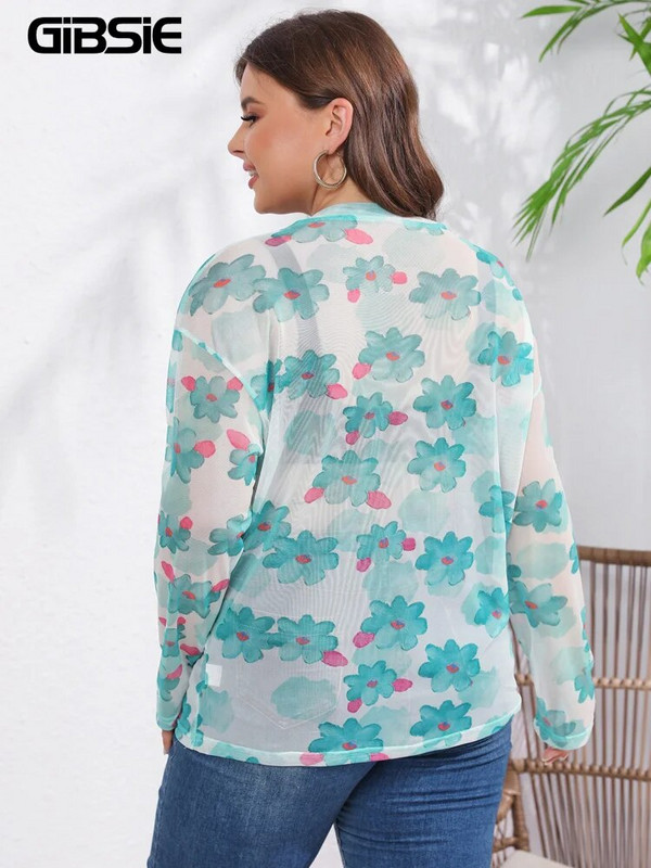 GIBSIE Plus Size Casual Print Sheer Mesh Top Γυναικεία Άνοιξη Καλοκαίρι με μακρυμάνικο λαιμόκοψη Vintage φαρδιά γυναικεία μπλουζάκια 2023 Νέα
