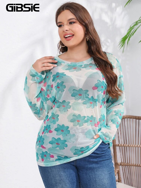 GIBSIE Plus Size Casual Print Sheer Mesh Top Γυναικεία Άνοιξη Καλοκαίρι με μακρυμάνικο λαιμόκοψη Vintage φαρδιά γυναικεία μπλουζάκια 2023 Νέα