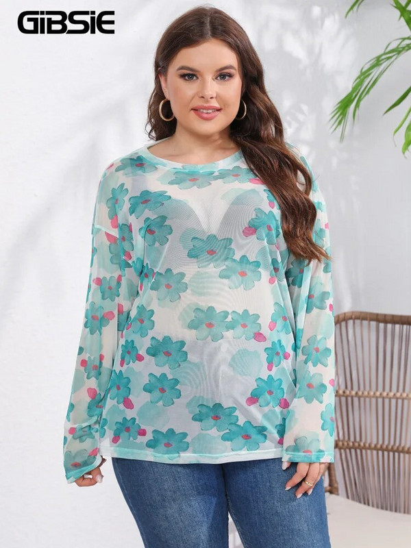 GIBSIE Plus Size Casual Print Sheer Mesh Top Γυναικεία Άνοιξη Καλοκαίρι με μακρυμάνικο λαιμόκοψη Vintage φαρδιά γυναικεία μπλουζάκια 2023 Νέα