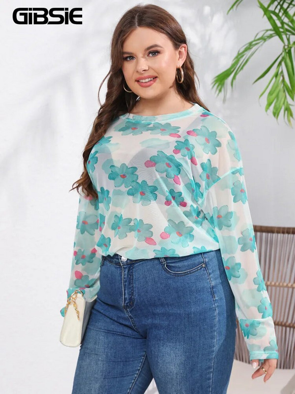 GIBSIE Plus Size Casual Print Sheer Mesh Top Γυναικεία Άνοιξη Καλοκαίρι με μακρυμάνικο λαιμόκοψη Vintage φαρδιά γυναικεία μπλουζάκια 2023 Νέα
