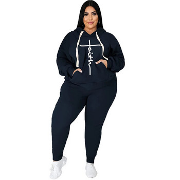 Модерни комплекти анцузи Големи размери Дамско облекло Комплекти от 2 части Моден суитшърт с джоб щампа Еластични спортни панталони Костюми на едро