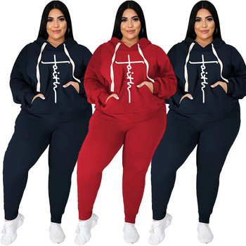 Μοντέρνα σετ αθλητικών κοστουμιών Plus μεγέθους Γυναικεία ρούχα 2 τεμαχίων Σετ Μόδας φούτερ τσέπης εκτύπωσης Stretch αθλητικά παντελόνια Κοστούμια Χονδρική