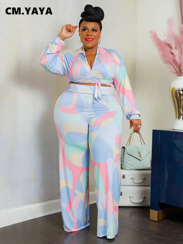 CM.YAYA Vintage Plus Size Tie Dye Houndstooth ravne hlače Odijelo i V-izrez s dugim rukavima, bluza, dva dvodijelna kompleta