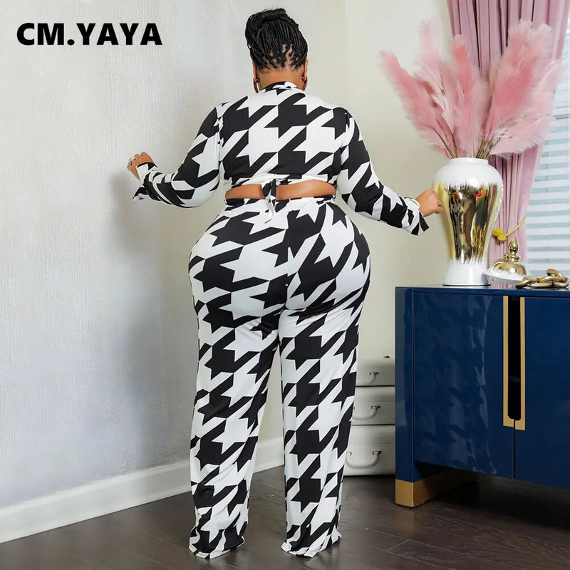 CM.YAYA Vintage Plus Size Tie Dye Houndstooth ravne hlače Odijelo i V-izrez s dugim rukavima, bluza, dva dvodijelna kompleta