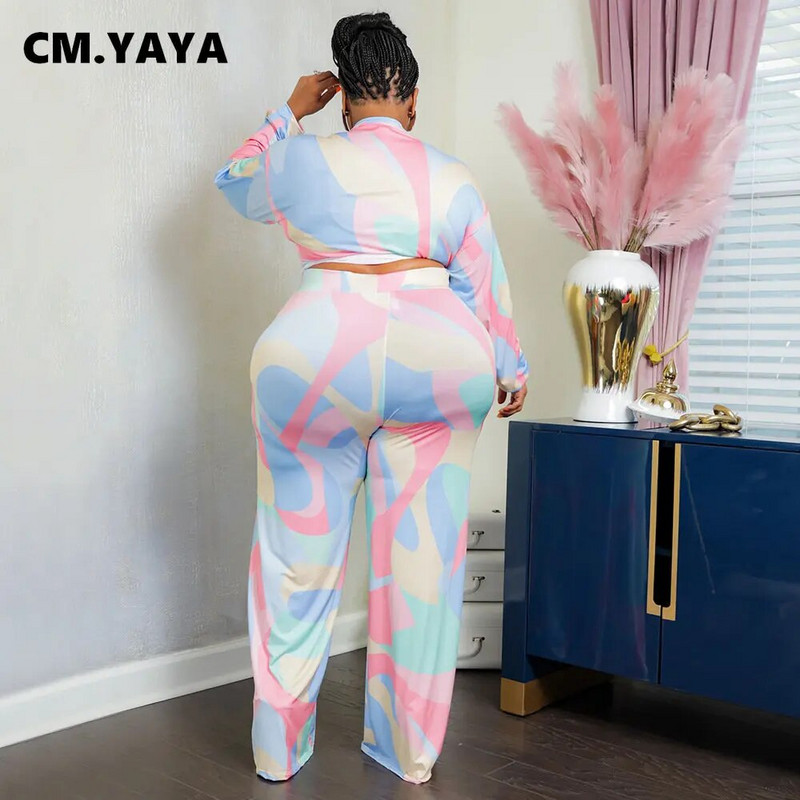 CM.YAYA Vintage Plus Size Tie Dye Houndstooth ravne hlače Odijelo i V-izrez s dugim rukavima, bluza, dva dvodijelna kompleta