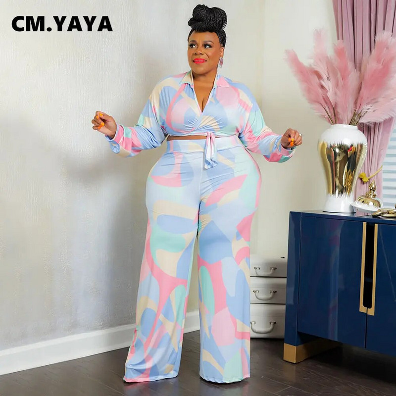 CM.YAYA Vintage Plus Size Tie Dye Houndstooth ravne hlače Odijelo i V-izrez s dugim rukavima, bluza, dva dvodijelna kompleta