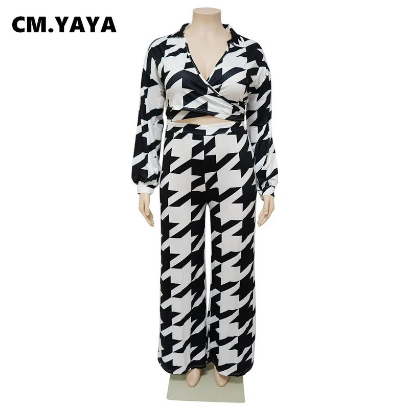 CM.YAYA Vintage Plus Size Tie Dye Houndstooth ravne hlače Odijelo i V-izrez s dugim rukavima, bluza, dva dvodijelna kompleta
