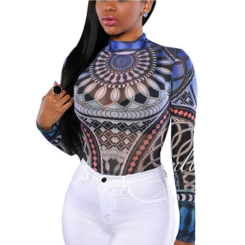 Senoviniai „Totem Print“ šliaužtinukai moteriški ilgomis rankovėmis, tamprūs apatiniai kakliukai