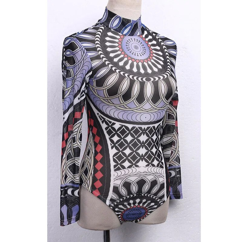 Senoviniai „Totem Print“ šliaužtinukai moteriški ilgomis rankovėmis, tamprūs apatiniai kakliukai