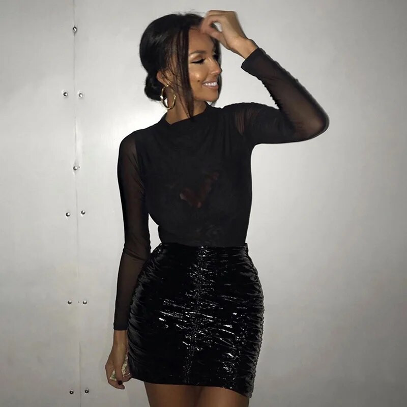 Rudens žiemos dailiosios lyties atstovių seksualus tinklelio perspektyvos liesas kūno kostiumas ilgomis rankovėmis apvalia apykakle, megztinis Tvirtas kombinezonas Madingi gatvės drabužiai