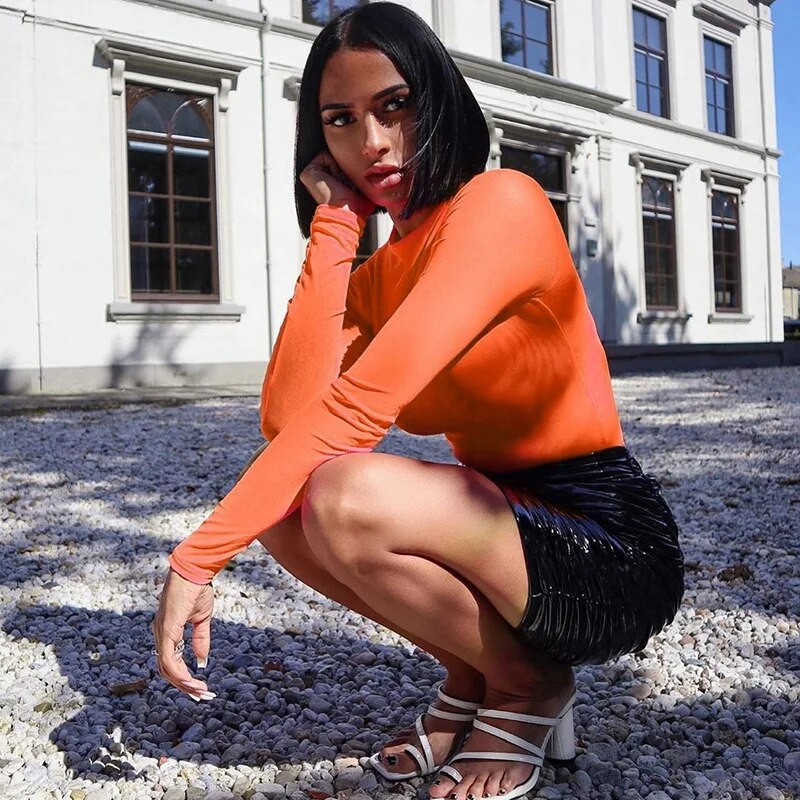 Rudens žiemos dailiosios lyties atstovių seksualus tinklelio perspektyvos liesas kūno kostiumas ilgomis rankovėmis apvalia apykakle, megztinis Tvirtas kombinezonas Madingi gatvės drabužiai