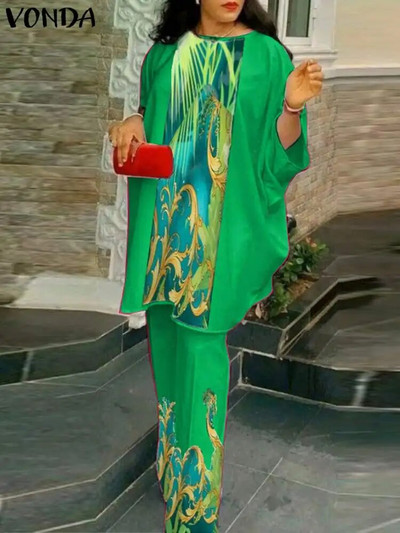 Seturi de pantaloni cu imprimeu pentru femei VONDA Vintage, cu mâneci liliac, 2 buc, costume boeme, ocazional, topuri largi și pantaloni lungi oversize pentru femei