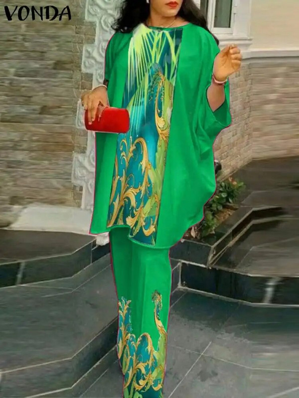VONDA starinski ženski kompleti hlača s printom velike veličine, boemska odijela s šišmiš rukavima od 2 komada, ležerne široke majice i duge hlače Oversize Femme