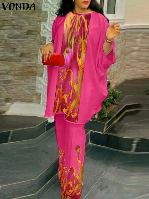 VONDA starinski ženski kompleti hlača s printom velike veličine, boemska odijela s šišmiš rukavima od 2 komada, ležerne široke majice i duge hlače Oversize Femme