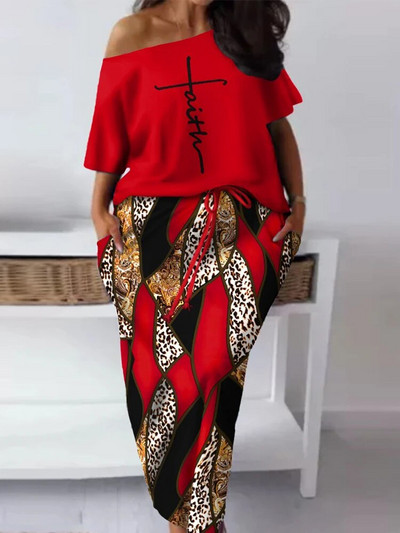 Ležerna majica s kosim izrezom i suknja s uzicama za ležernu veličinu Faith Baroque Leopard Print