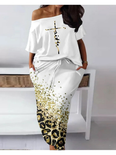 Ležerna majica s kosim izrezom i suknja s uzicama za ležernu veličinu Faith Baroque Leopard Print