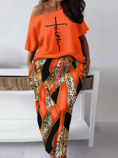 Ležerna majica s kosim izrezom i suknja s uzicama za ležernu veličinu Faith Baroque Leopard Print