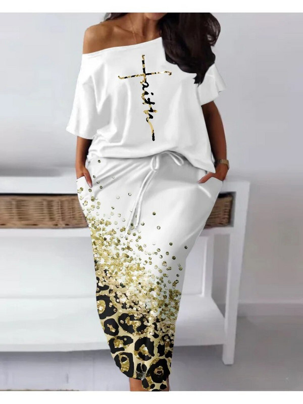 Ležerna majica s kosim izrezom i suknja s uzicama za ležernu veličinu Faith Baroque Leopard Print
