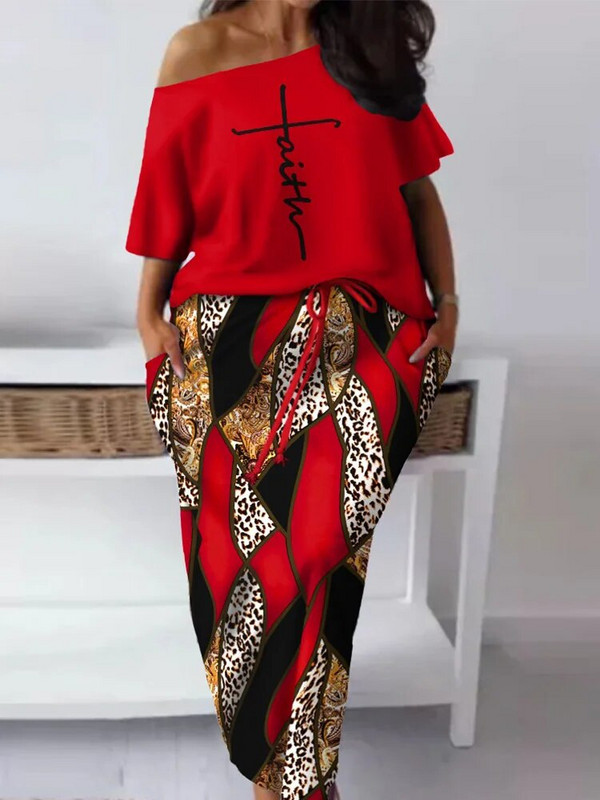 Ležerna majica s kosim izrezom i suknja s uzicama za ležernu veličinu Faith Baroque Leopard Print