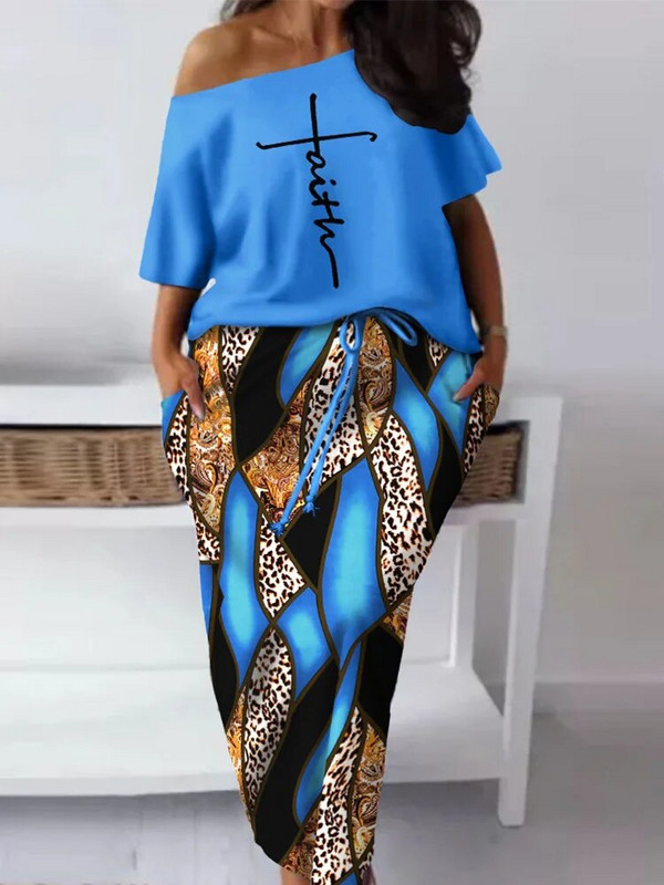 Ležerna majica s kosim izrezom i suknja s uzicama za ležernu veličinu Faith Baroque Leopard Print