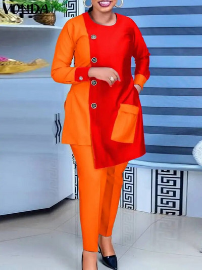 VONDA Ženski modni kompleti hlača velikih veličina Elegantna odijela Asimetrični komadi dugih rukava Ležerni top i duge hlače Boemski kompleti