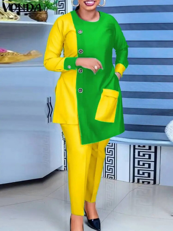 VONDA Ženski modni kompleti hlača velikih veličina Elegantna odijela Asimetrični komadi dugih rukava Ležerni top i duge hlače Boemski kompleti