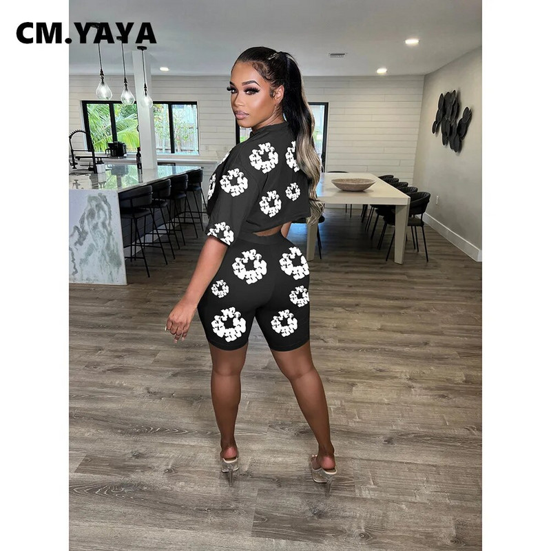 CM.YAYA Fashion εμπριμέ γυναικείο σετ με κοντό μανίκι μπλουζάκι και σορτς 2024 Active INS Two 2 Piece Sets Outfits φόρμα